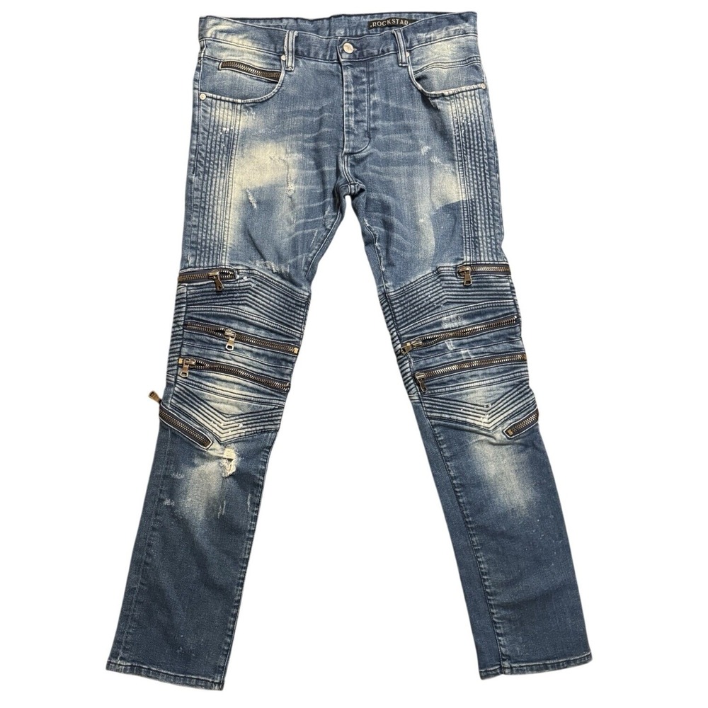 Rockstar Jeans Men's Size 32 Designer Moto Skinny Zipper Stretch Distressed